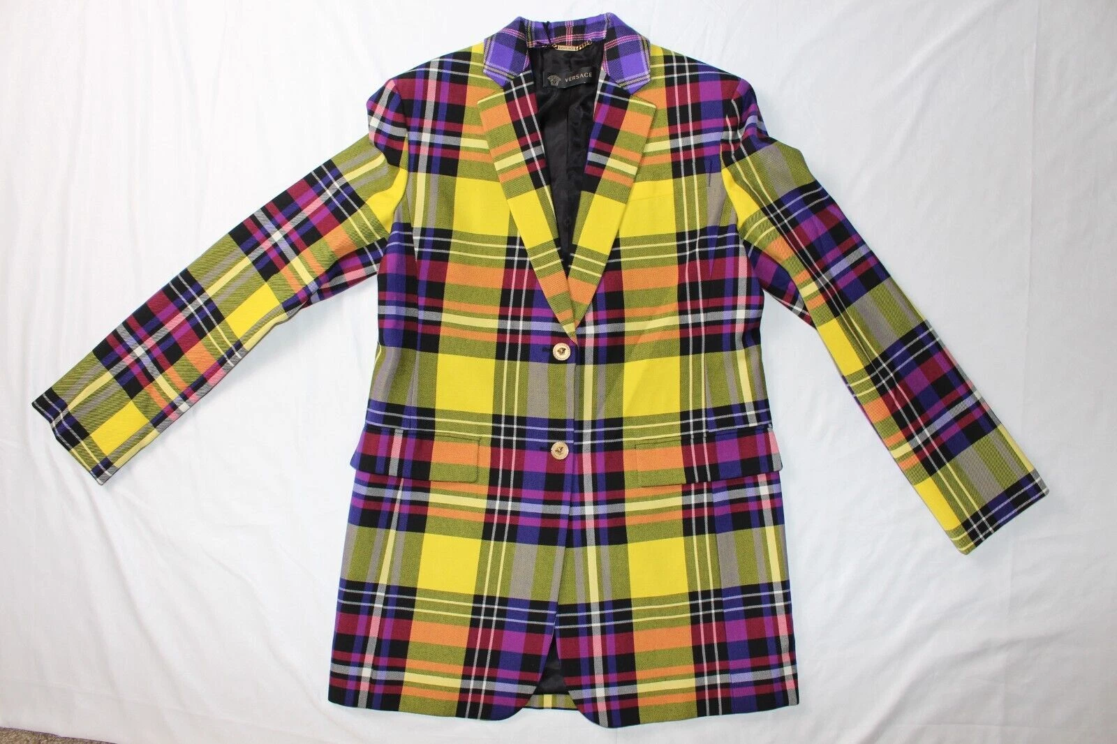 Blazer donna Versace giallo blu a quadri FW 2018 taglia 44 nuovo con etichetta