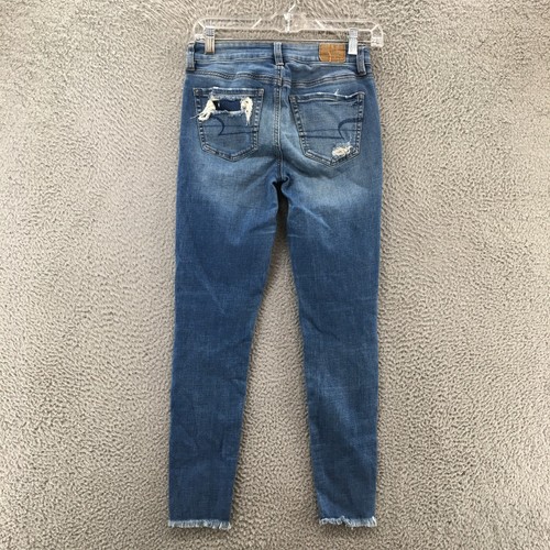 American Eagle Super Stretch Jegging Jeans Womens 2 Blue Denim Distressed Button - Picture 10 of 17