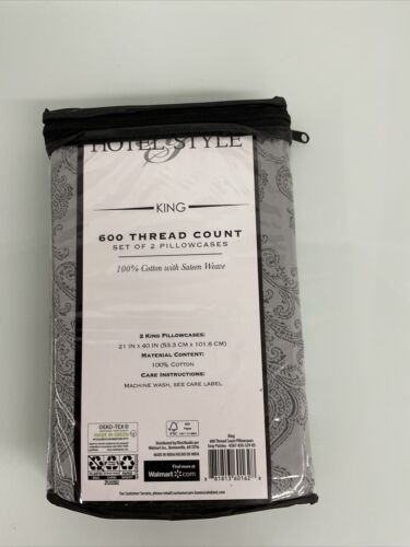 Hotel Style 600 Thread Count Luxury Cotton 2 Pillowcases, King, Gray Paisley - Picture 2 of 2