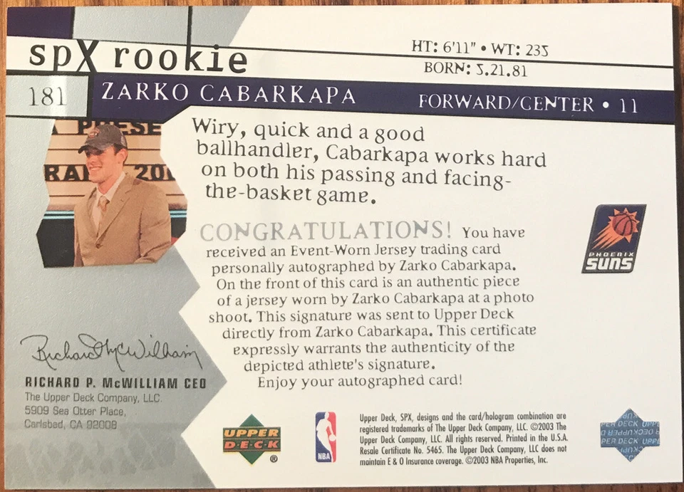 2003-04 SPx Rookie Jersey Autograph Zarko Cabarkapa #181 #’d 0921/1999 - Image 2 of 3