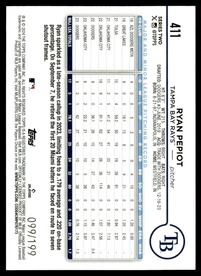 2024 Topps Red Crackle Foil Ryan Pepiot 099/199 Tampa Bay Rays #411 - Image 2 of 2