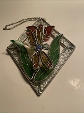 VTG Dragonfly Floral Stained Glass Suncatcher Window Wall Hanger Chain 7 X 5.5