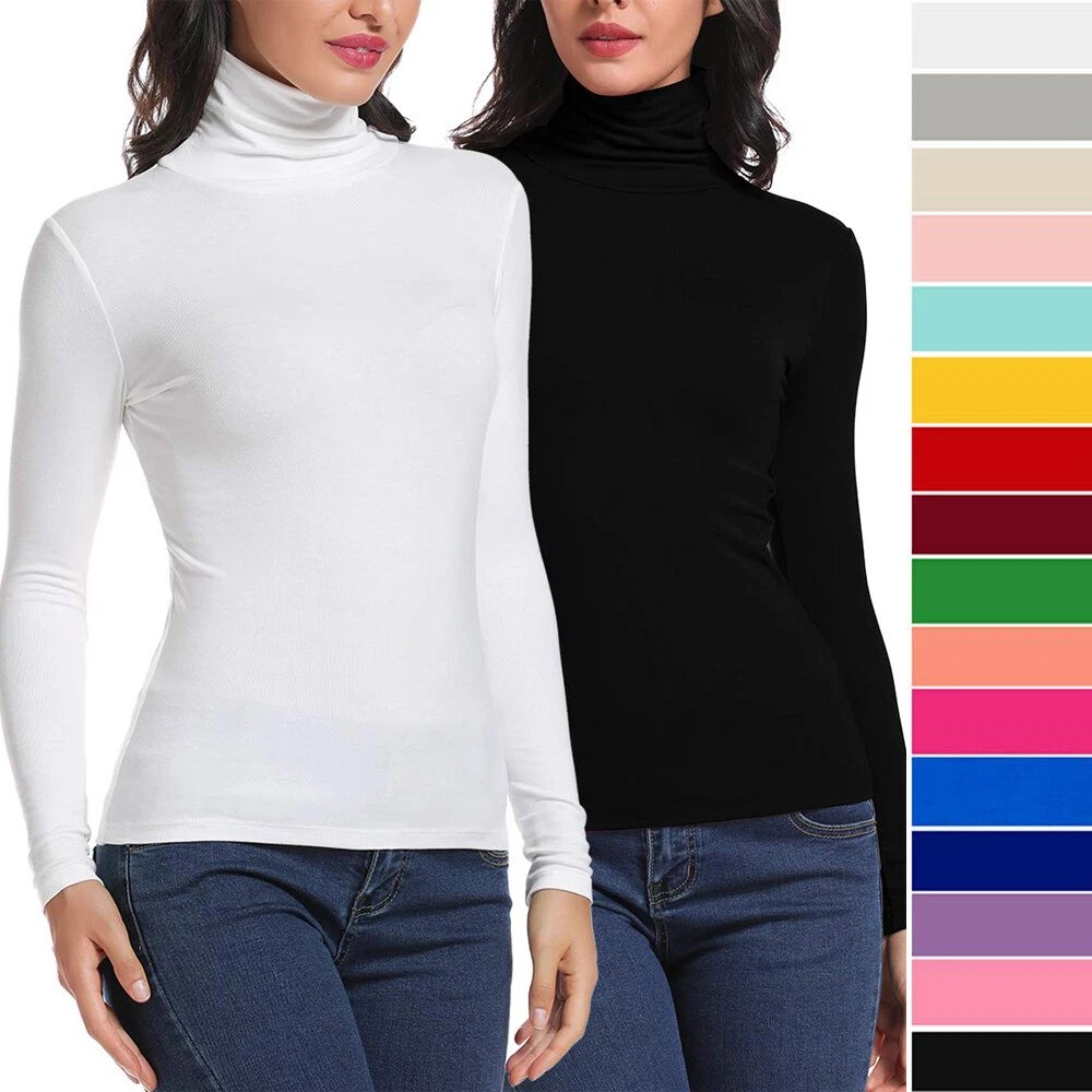 Women's Basic Long Sleeve Turtleneck Top Slim Fitted Lightweight Stretch  T-Shirt