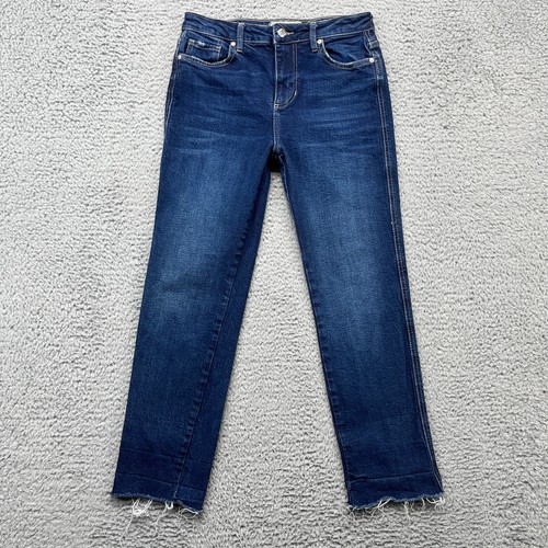 Pantalones de mezclilla Free People Boyfriend para mujer 26 azul oscuro dobladillo crudo bigote corte novia