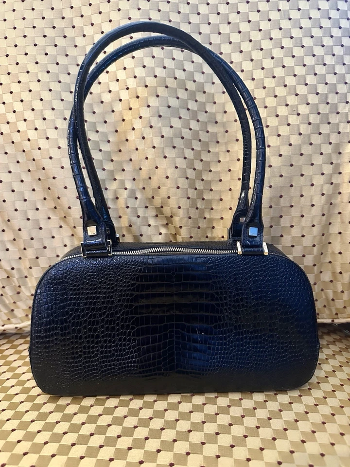 Vintage Salvatore Ferragamo Croc Embossed Leather Barrel Bag Black Italy - Image 2 of 4