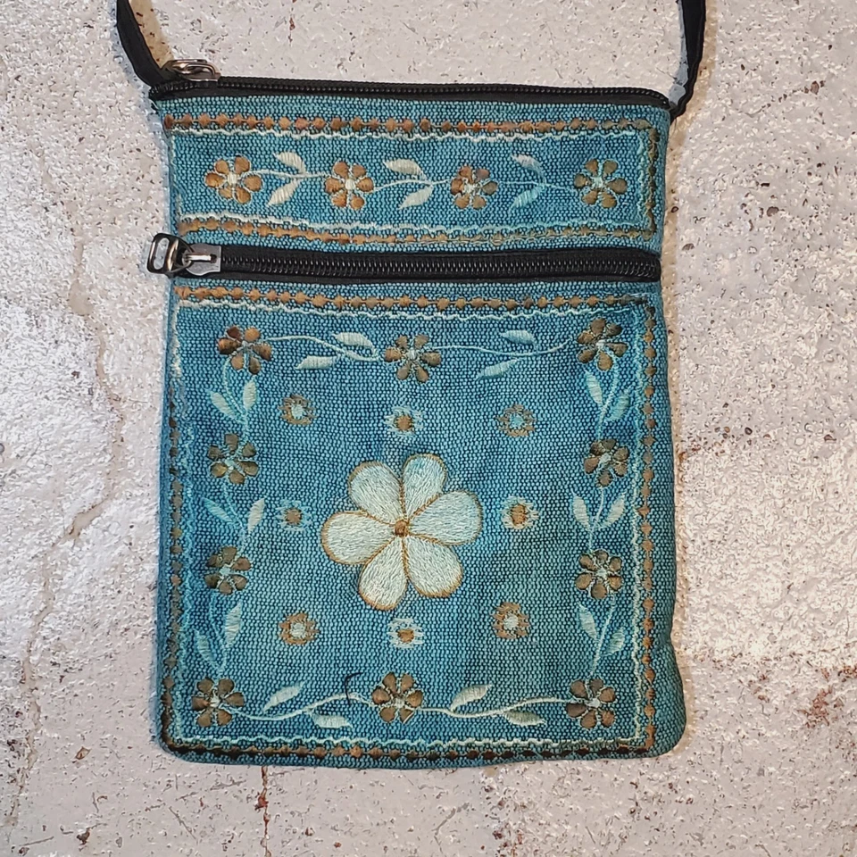 Lei Lotus Boho Embroidered 8" Crossbody Bag Embroidered Floral Blue Nepal Cotton - Image 3 of 4
