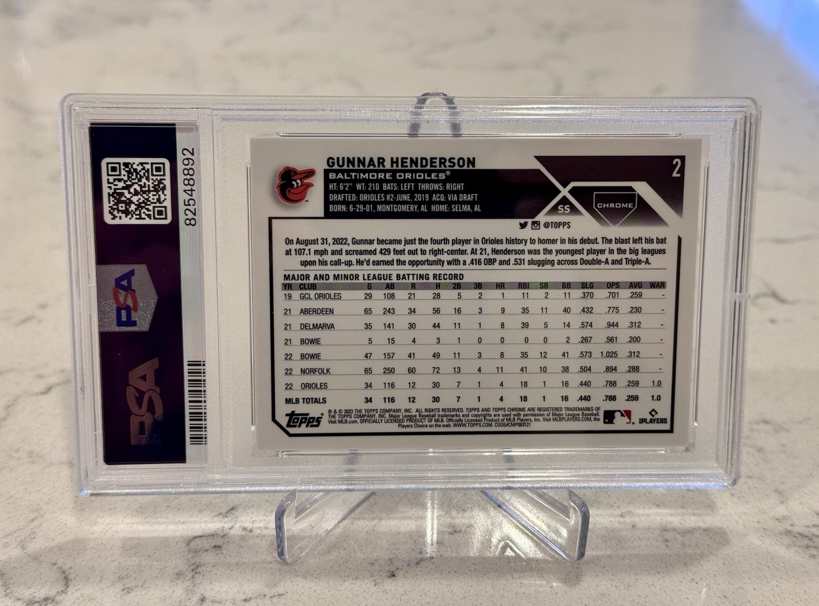 2023 Topps Chrome Rookie Aqua Refractor Gunnar Henderson #/199 PSA 9 - Orioles view 2