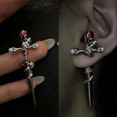 Retro Dark Gothic Punk Rose Cross Thorn Earring Unisex Piercing Ear Needle
