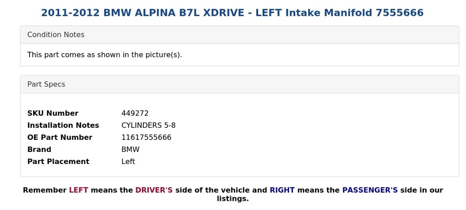 BMW ALPINA B7L XDRIVE 2011-2012 - colector de admisión izquierdo 7555666 Foto 3 de 4