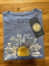 NWT Life Is Good Crusher Tee Short Sleeve Womens M Watercolor Daisy Sunrise Blue