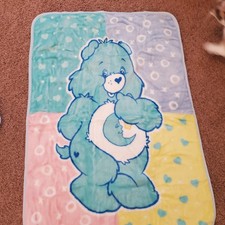 VTG 90s Care Bears Bedtime Bear Pink Yellow Blue Fleece Baby Throw Blanket