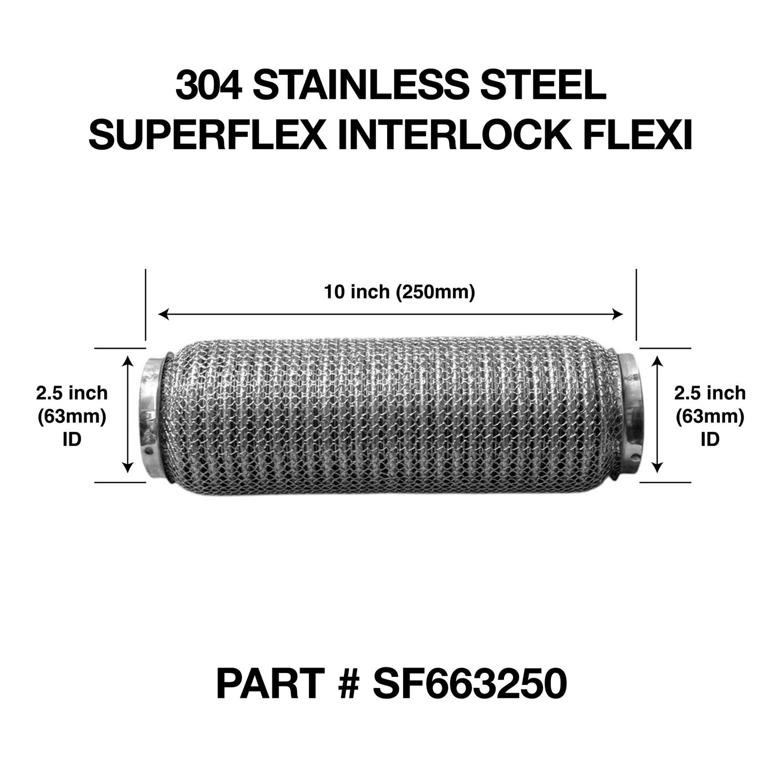 63mm x 250mm Soft Superflex Weld On 304 Stainless Steel Exhaust Flexi Tube Pipe