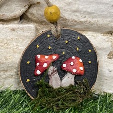 Amanita Red Mushroom Ornament Wood Slice Clay Handmade Hand painted Signed 3  