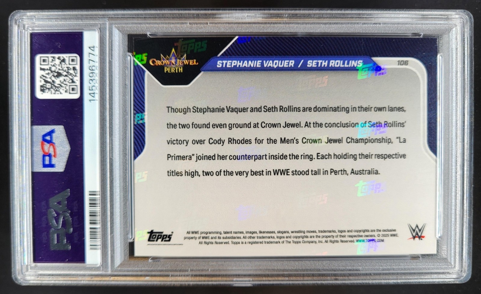 2025 Topps Now WWE Stephanie Vaquer Seth Rollins GOLD /50 #106 PSA 10 MS14 view 2