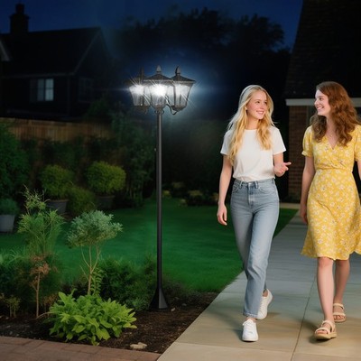 72'' Outdoor Solar Light Post, All-Weather, Triple Head Lamp, Driveway, Black