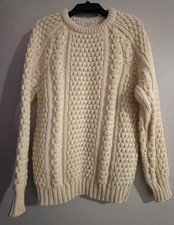 Irish Traditional Hand Knit Cream Wool Cable Knit Sweater Fisherman Style Sz 44