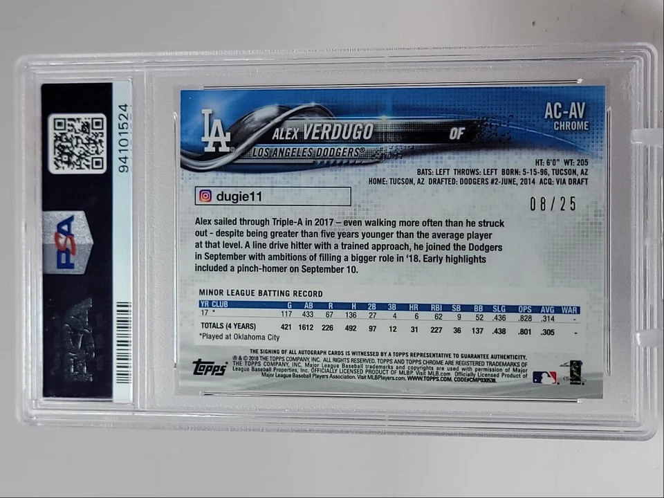 ALEX VERDUGO 2018 TOPPS CHROME ROOKIE SAPPHIRE ORANGE RC AUTO /25 PSA 10 Q5030 - Image 2 of 2