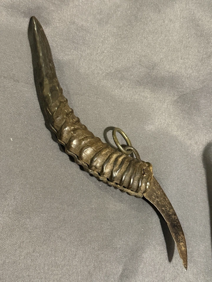 Early Antique Chinese Fishing Knife Marlin Spike Horn Handle Hand Wrought Blade - Image 2 of 4