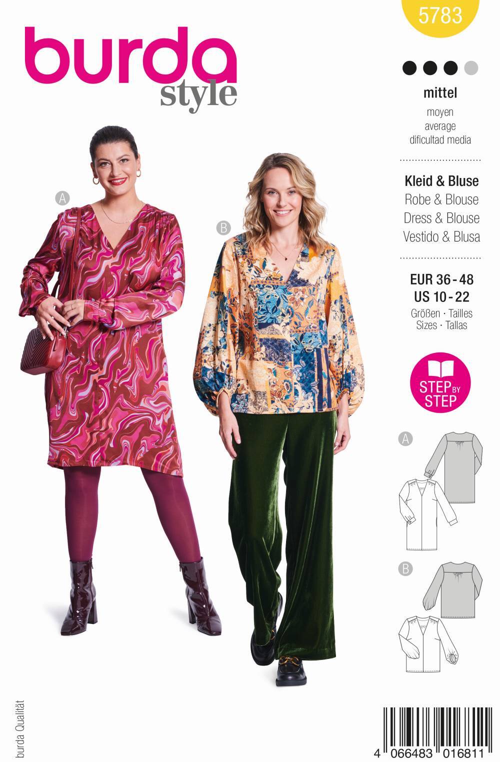 Schnittmuster Damenkleid, Blusenshirt mit V-Ausschnitt Burda a5783 36-48