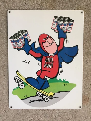 Budweiser Bud Man Brewery Vintage Skateboard Skateboarder Beer Can Metal Sign Ad