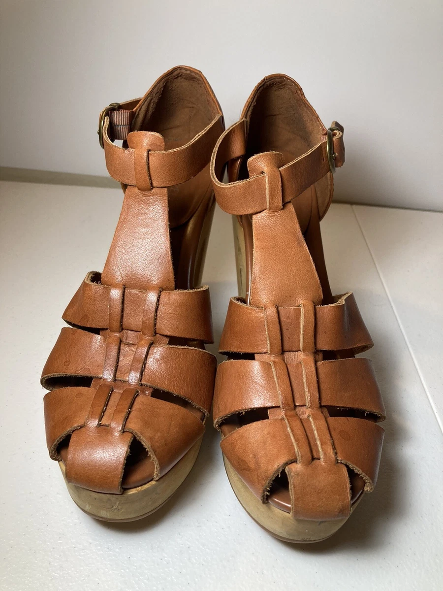 Madewell The Andie Cognac Brown Leather Platform Sandals Size 8