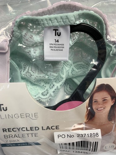 Tu Lingerie Recycled Lace Bralette 2 Pack Non-wired Size 14 Light Pink & Mint Gr - Picture 3 of 4