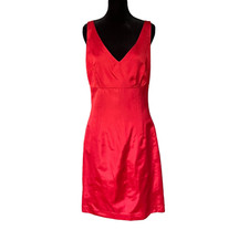 Vintage Homemade Red Sleeveless Dress V-Neck Knee Length Satin Lined Side Zipper