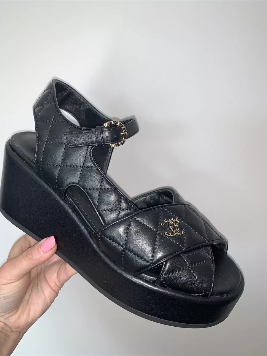 Chanel Black Leather Charm Metal Strap Wedge Sandals – Boutique LUC.S