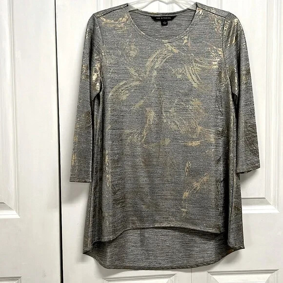 Zac & Rachel Gray Gold Splash Print High Low Mid Sleeve Top Size S