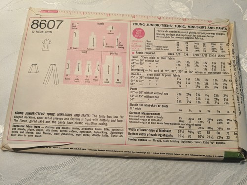 Vtg 1960's Simplicity 8607 Woman Sewing Pattern Tunic Mini Skirt Pants Bust 32 - Picture 3 of 5