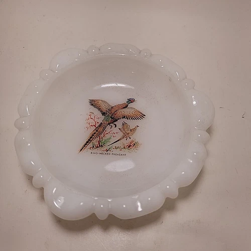 Milk Glass Trinket Dish Ringneck Pheasant Vintage Retro Good Used Condition