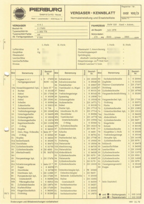 Einstelldaten Datenblatt Ersatzteilliste Solex 4A1 Vergaser BMW 528 - E17482