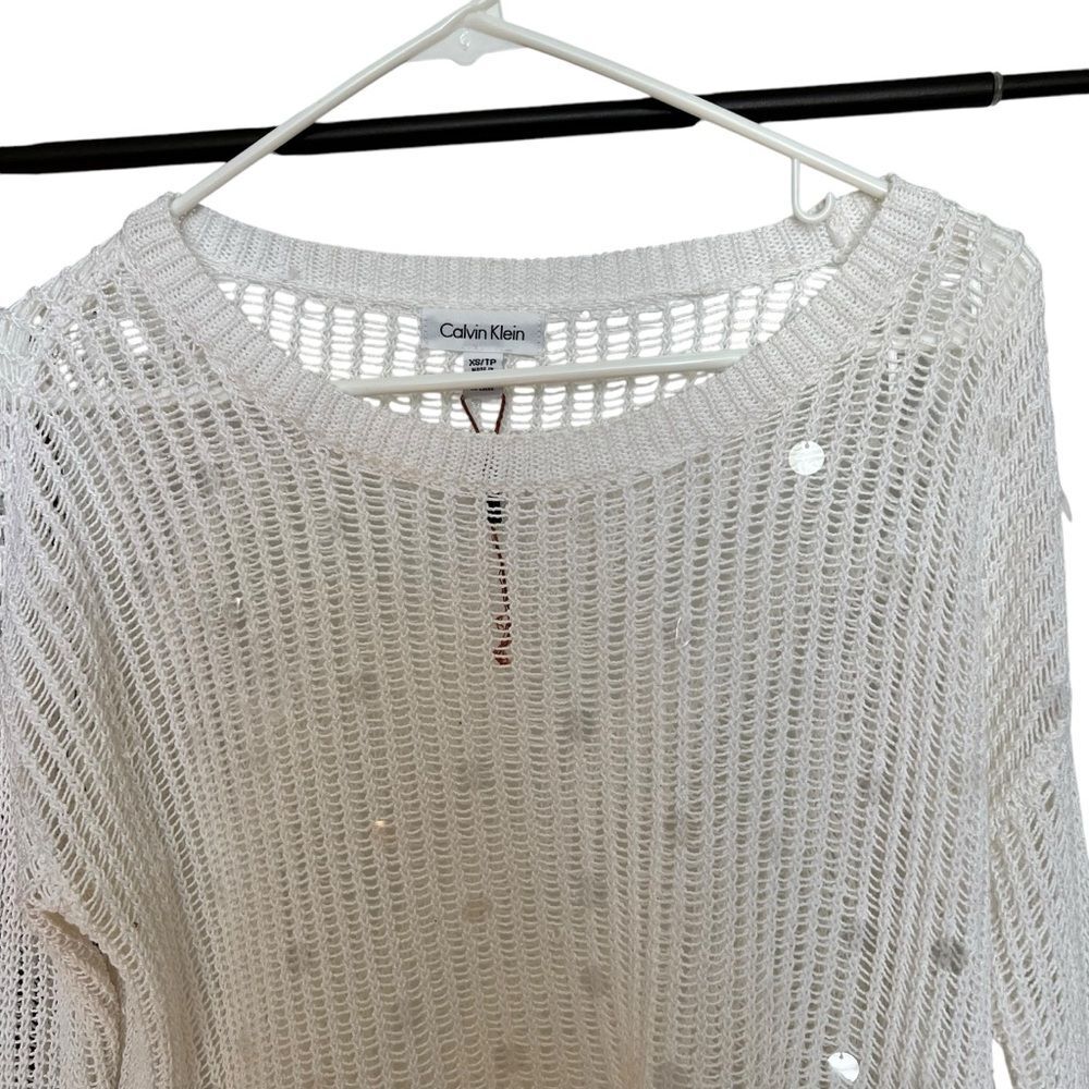 Calvin Klein Sweater Womens XS Pullover Scoop Neck Sequin Double Wrap Knit Cream thumbnail 2