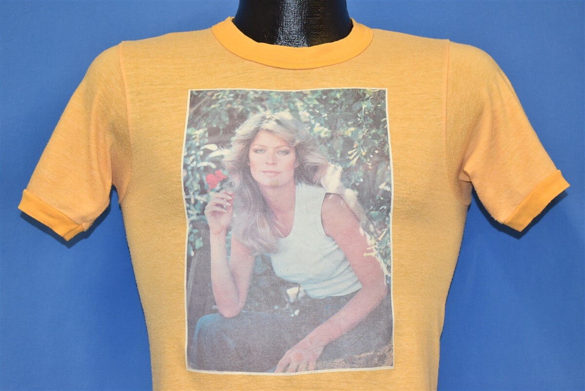 vtg 70s FARRAH FAWCETT IRON ON PROMO FLOWER BLUE TOP '77