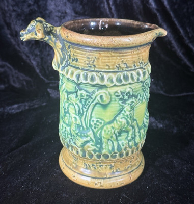 French Antique Majolica Pitcher Sarreguemines Green & Brown Glaze WB 103