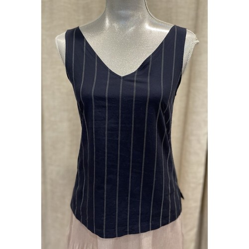 MM Lafleur Tank Top V-Neck Shell Sleeveless Navy Pin-striped 96% Cotton Size S - Picture 2 of 9