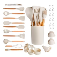 34Pcs Kitchen Cooking Utensils Set Silicone Non-stick Heat Resistant Wooden Hand