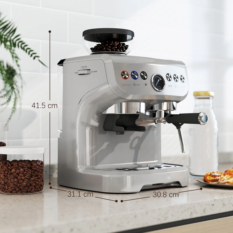 HOMCOM Espresso Machine, Bean Grinder & Steam Wand, 15 Bar Pressure, Silver. - Image 3 of 4