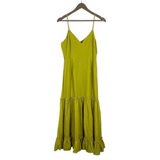 RAGA Tiered Metallic Clip Dot Maxi Dress Chartreuse Boho Ruffle Size L