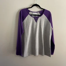 Denim & Co. Active Women L Purple Gray French Terry Top With Sequin Detail NWOT