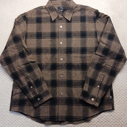 Stussy Flannel Shirt Black & Brown Check Plaid Long Sleeve Button Up Mens Size M - product listing photo