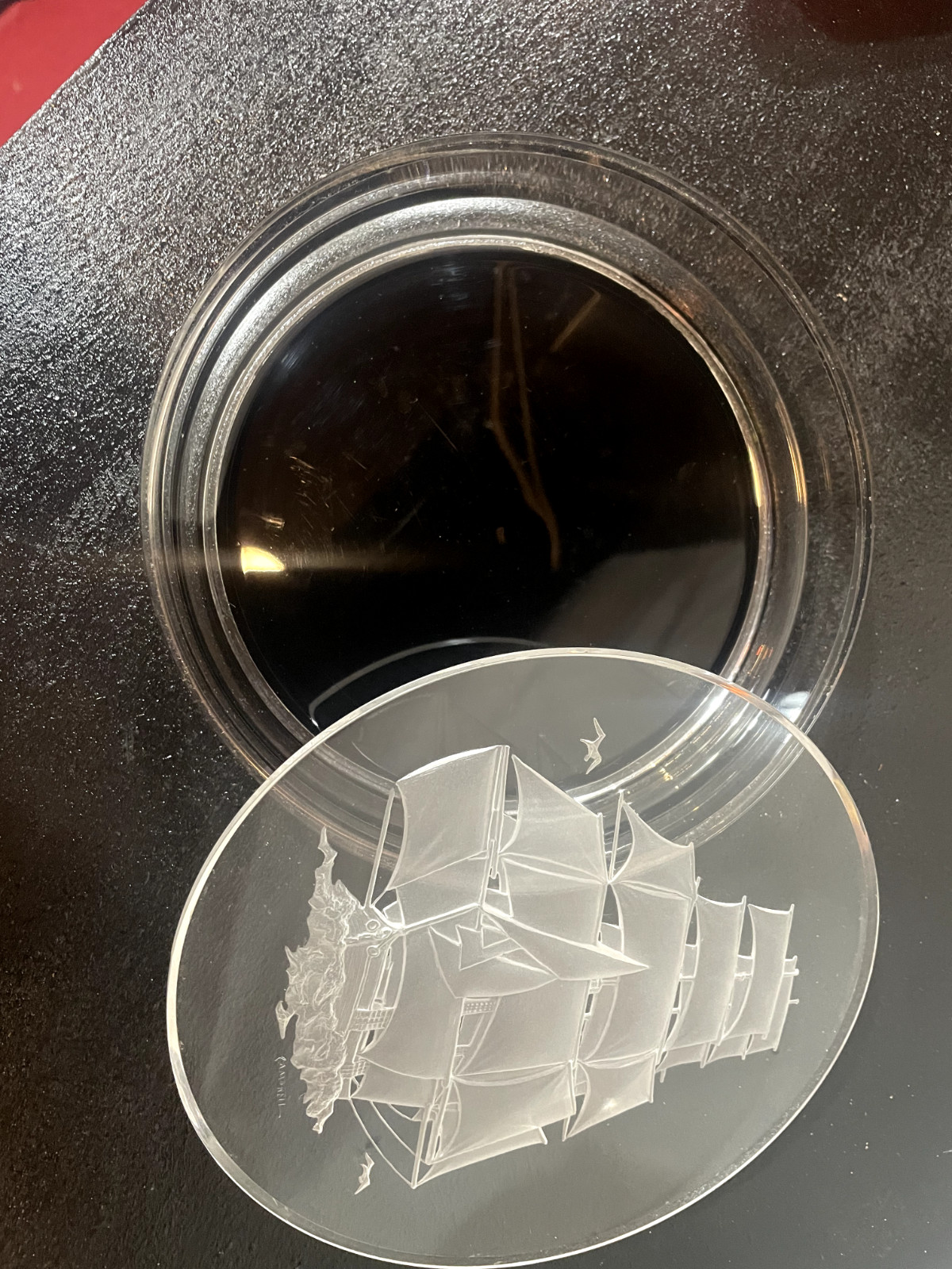 Signed VTG Reverse-Etched Lid Acrylic Art Deco Ashtray "CAMPBELL" Felt Bottom