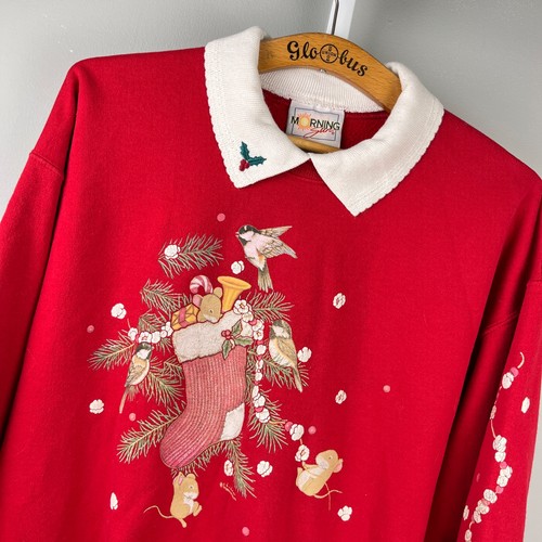Vintage Morning Sun Christmas Sweatshirt Womens XL? Red Stocking Birds Mice - Picture 1 of 7