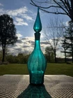 Joel Meyers Blenko Peacock Glass Decanter Genie Stopper 15.5” Ribbed Optic Rare