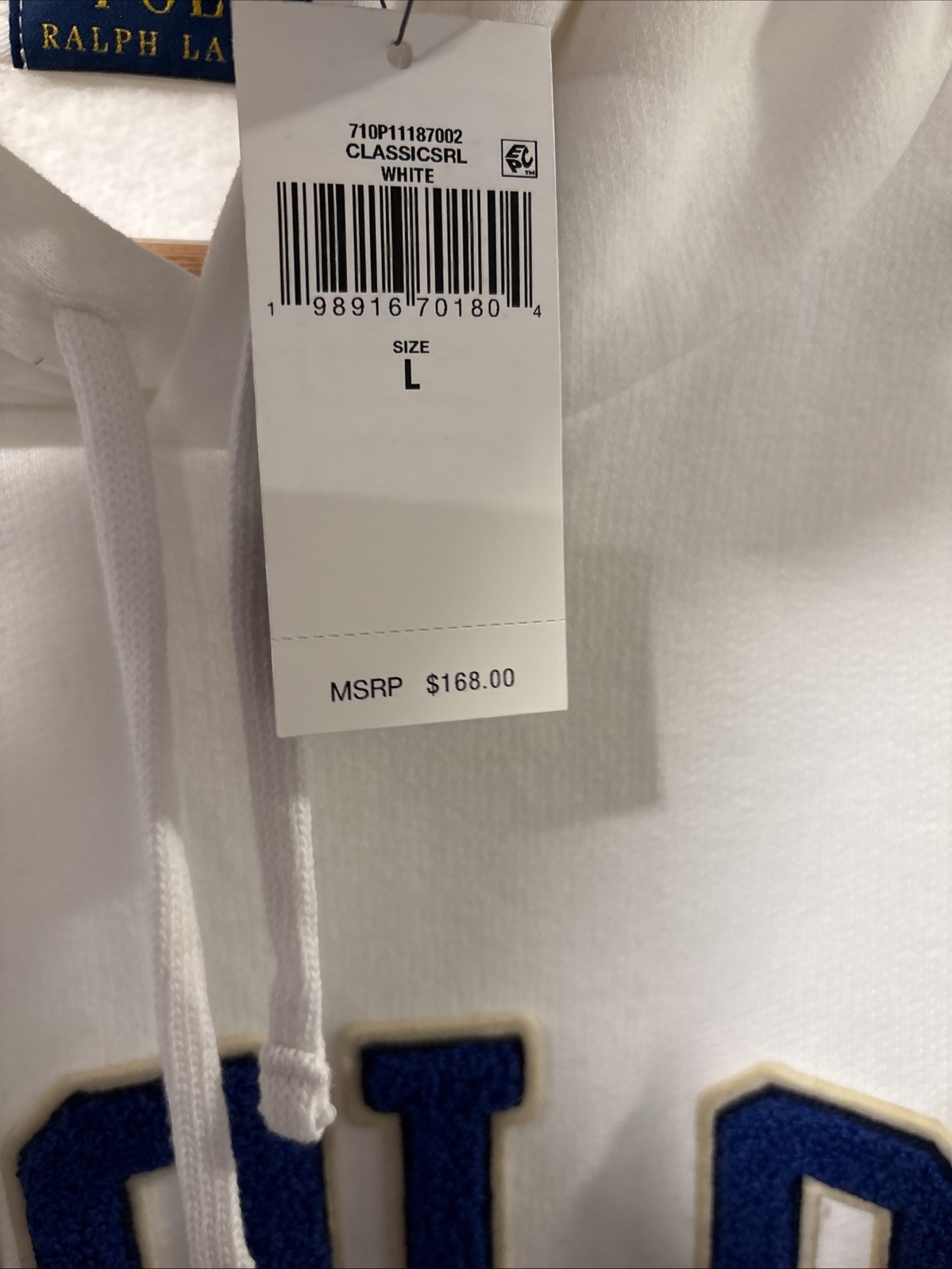 Polo Ralph Lauren Logo Fleece Hoodie White Royal Blue Chenille Men’s L NWT $168 thumbnail 5