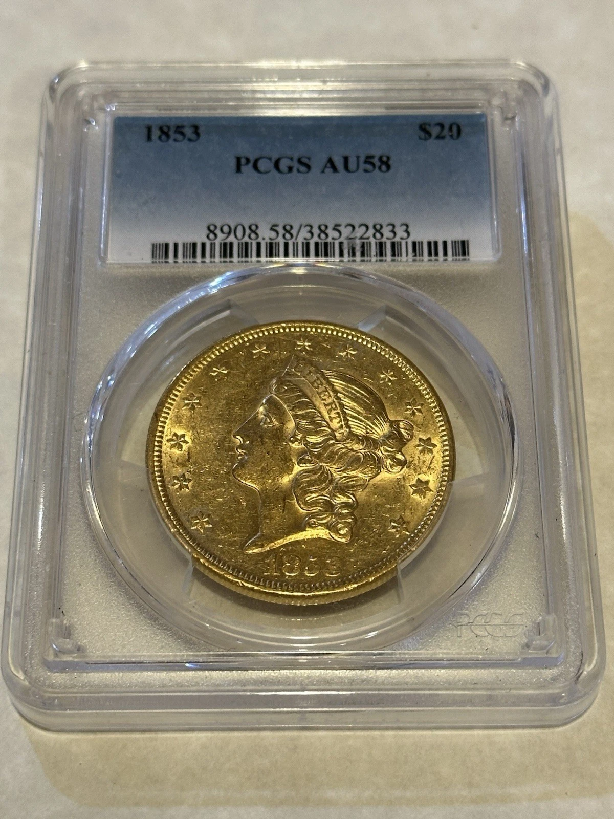 1853 AU58 PCGS Liberty Double Eagle $20 Gold Coin PQ great appeal lustrous