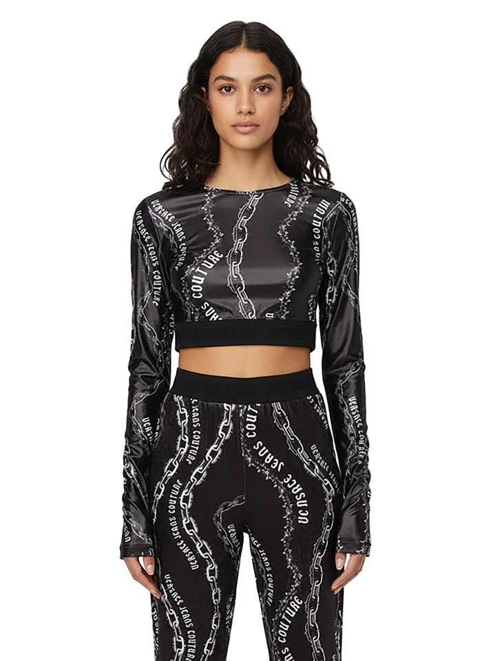 Blusa cropped Versace Jeans Couture preta manga longa estampa corrente - - Imagem 2 de 4