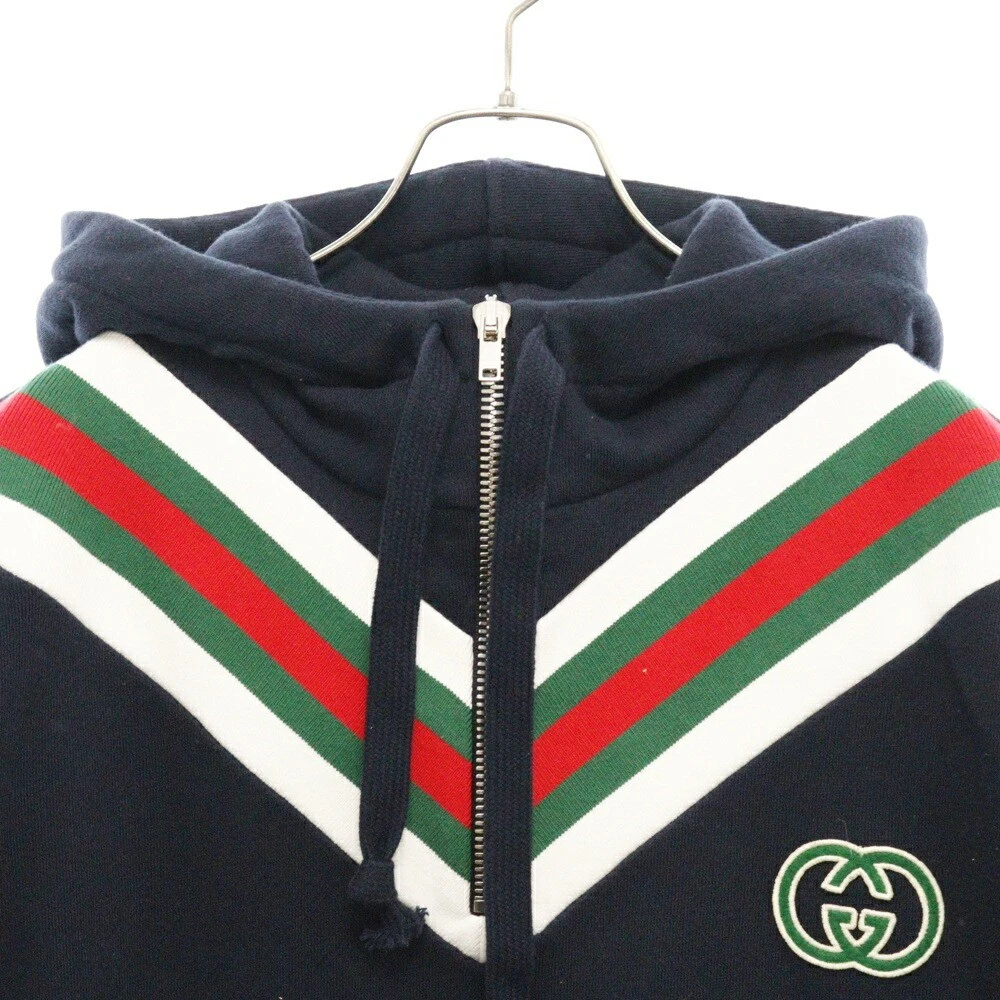Felpa con cappuccio Gucci taglia S 23Aw davanti logo Gg ricamo mezza zip cotone blu navy 717410 Xj