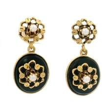 Vintage Victorian Revival 14k Yellow Gold Black Onyx & Pearl Drop Dangle Earring