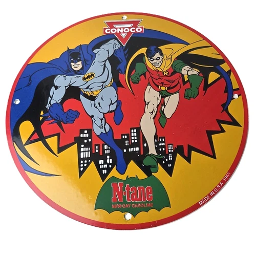 Vintage Conoco Gasoline Porcelain Sign - Batman Robin N-Tane Comic Gas Pump Sign